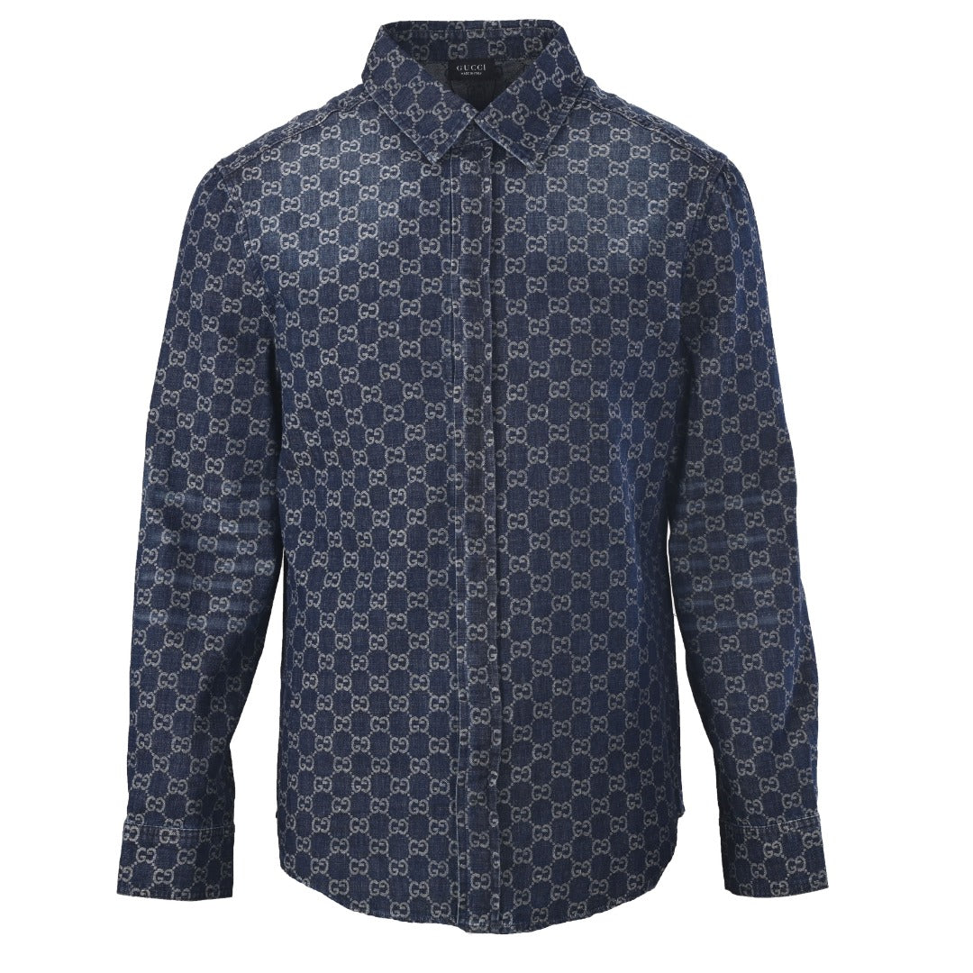 Gucci GG Monogram Blue Denim Long Sleeve Shirt