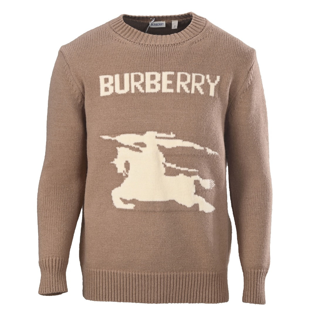 Burberry Camel Equestrian Knight Logo Crew Neck Knit Sweater