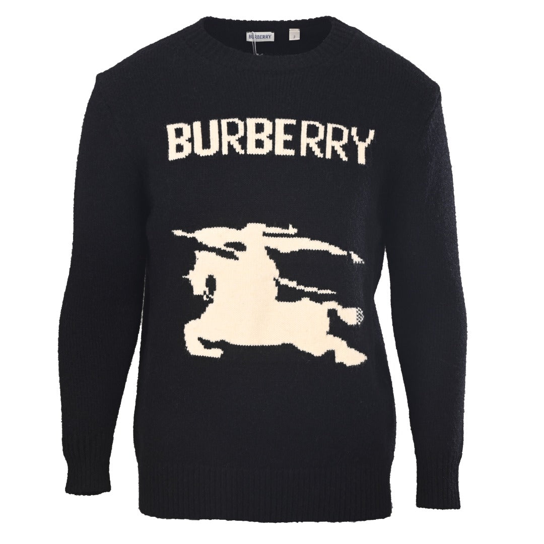 Burberry Black Equestrian Knight Logo Crew Neck Knit Sweater