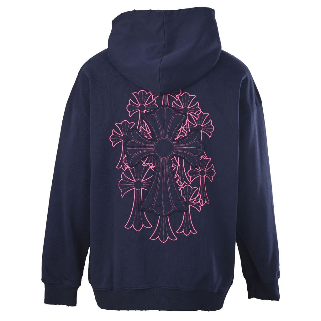 Chrome Hearts Navy Pink Cross Embroidered Pullover Hoodie