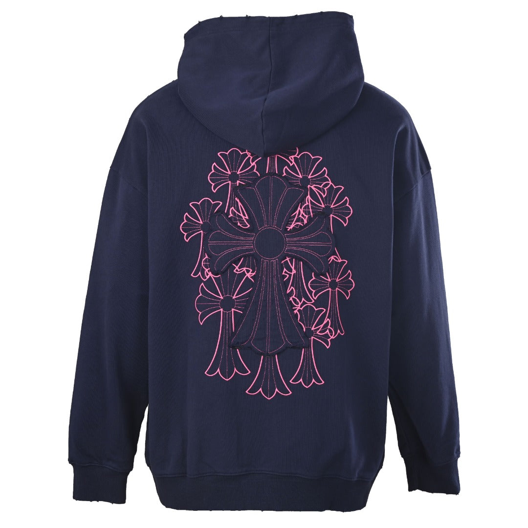 Chrome Hearts Navy Pink Cross Embroidered Pullover Hoodie