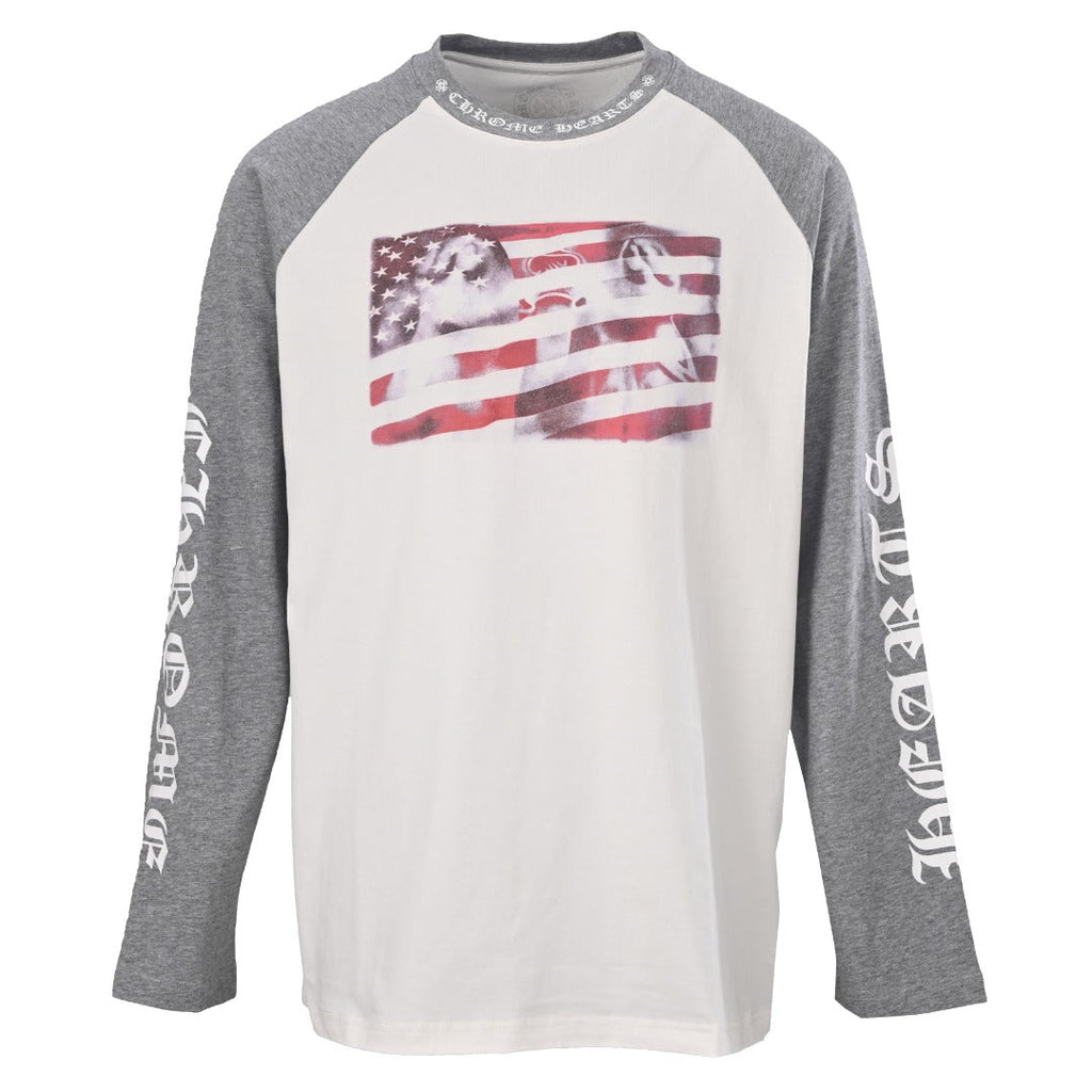Chrome Hearts Grey White Raglan Sleeve Flag Print Long Sleeve Tee