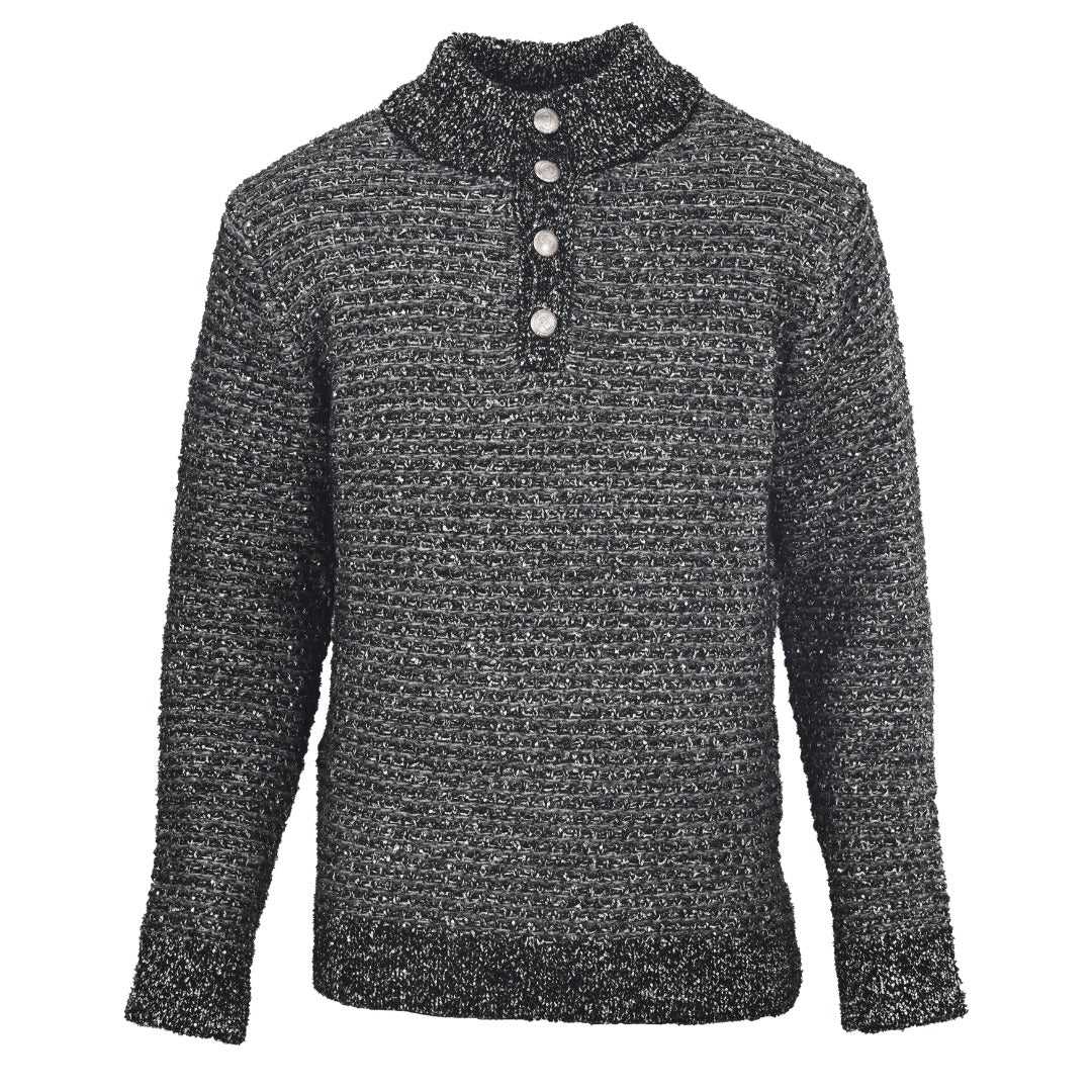 Dior Black Speckled Knit Button Mock Neck Sweater