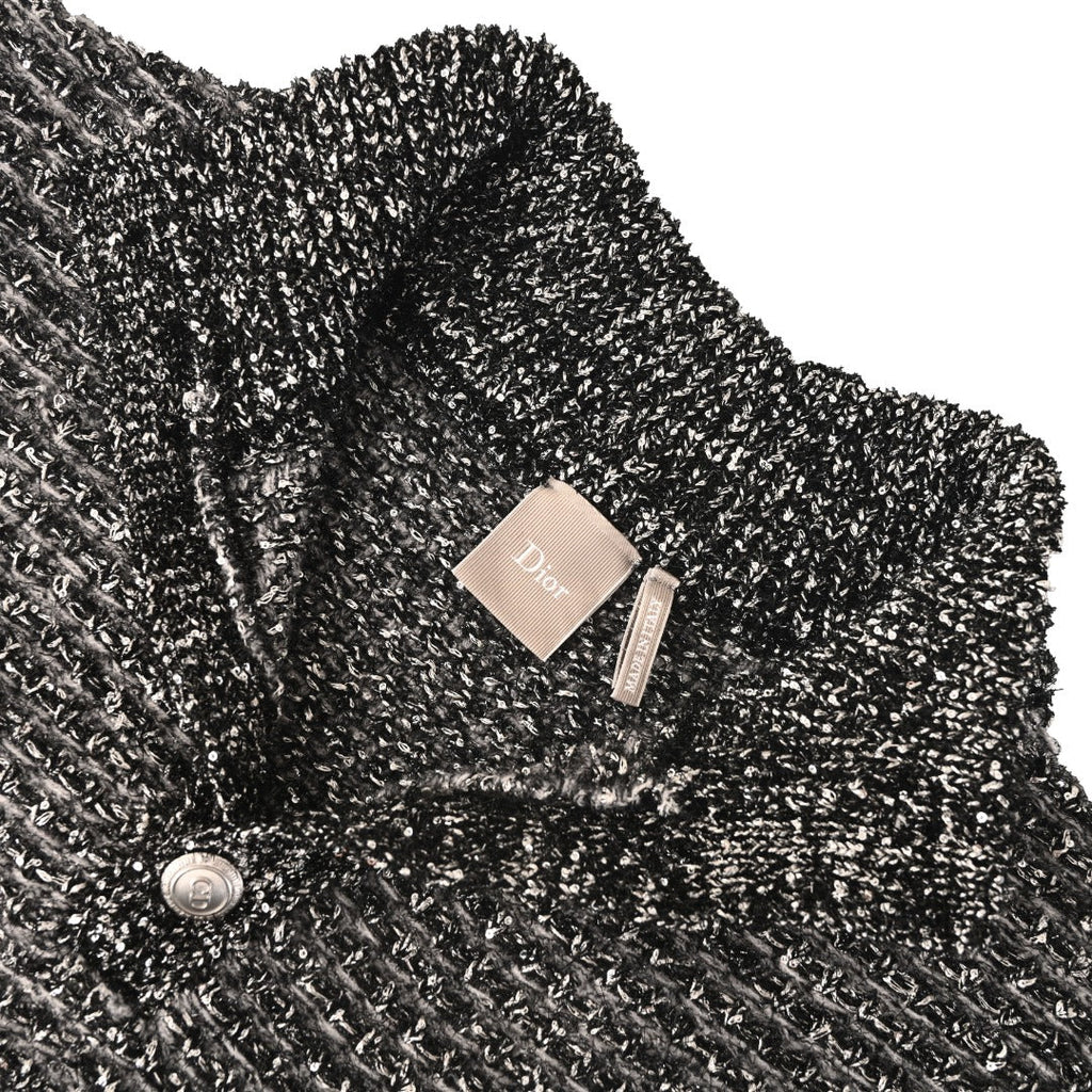 Dior Black Speckled Knit Button Mock Neck Sweater