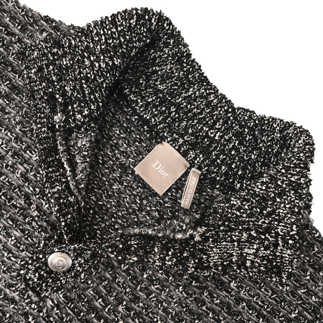 Dior Black Speckled Knit Button Mock Neck Sweater