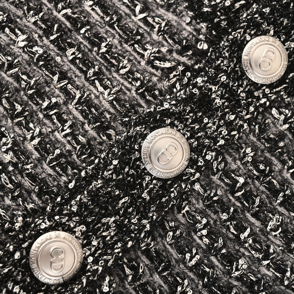 Dior Black Speckled Knit Button Mock Neck Sweater