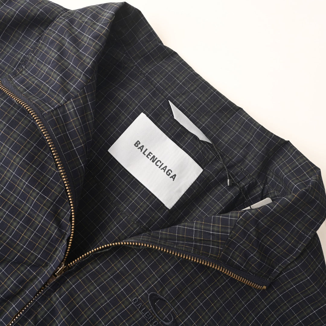 Balenciaga Dark Plaid Stand Collar Zip Windbreaker Jacket