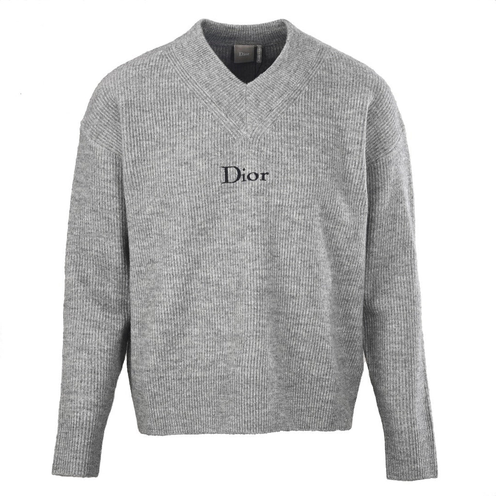 Dior Grey Ribbed V-Neck Logo Knit Sweater
