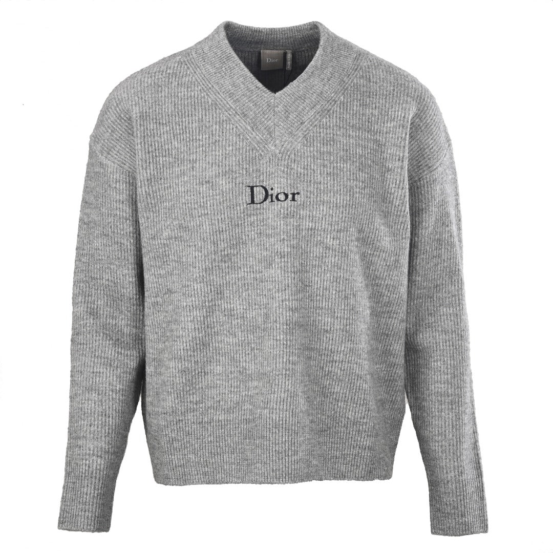 Dior Grey Ribbed V-Neck Logo Knit Sweater