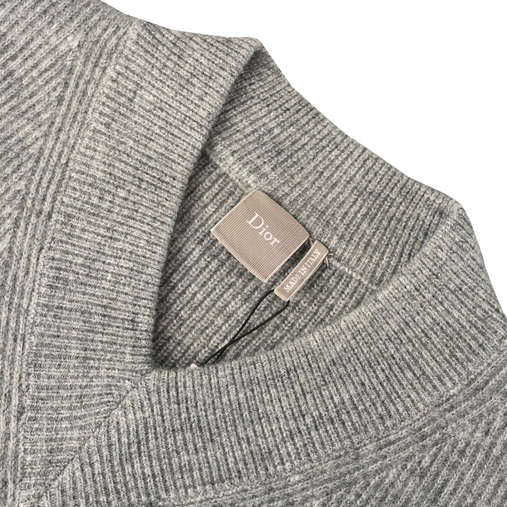 Dior Grey Ribbed V-Neck Logo Knit Sweater