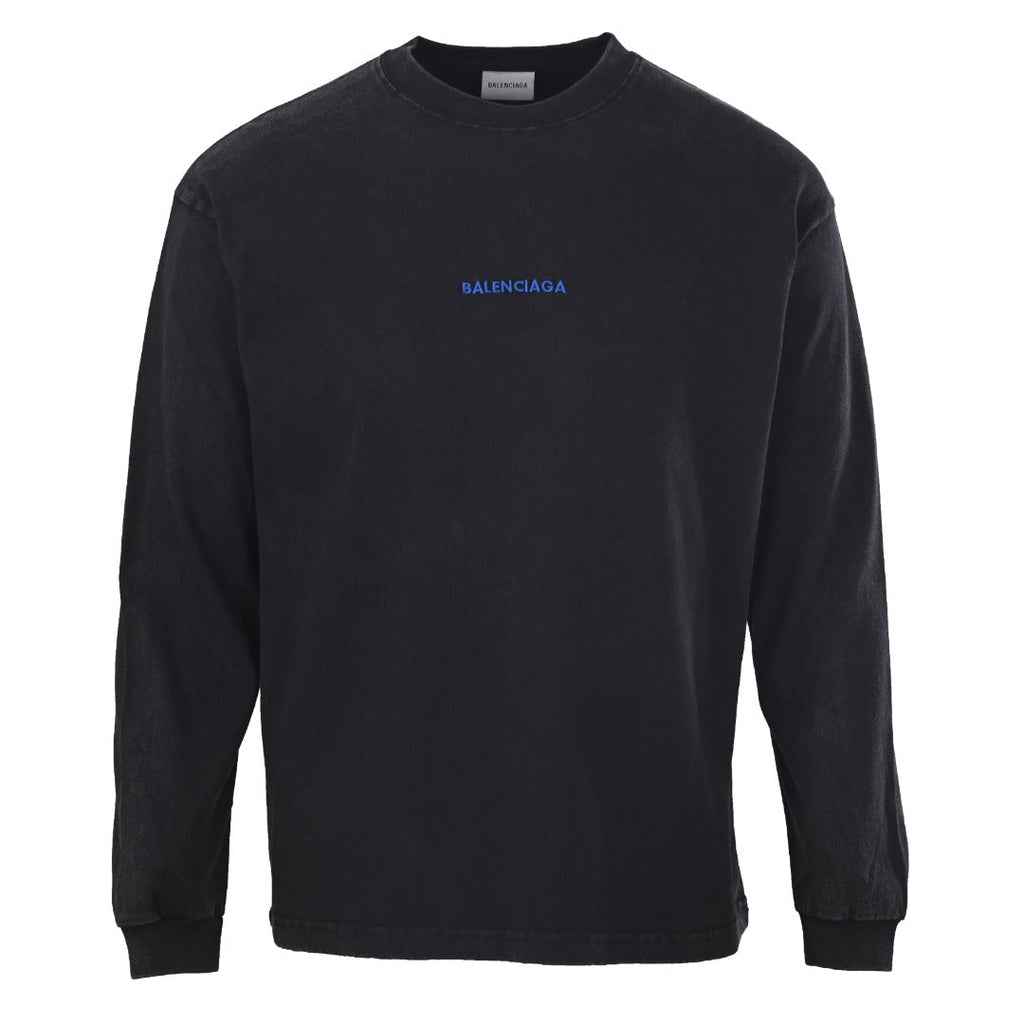 Balenciaga Black Vintage Washed Blue Embroidered Logo Long Sleeve Tee