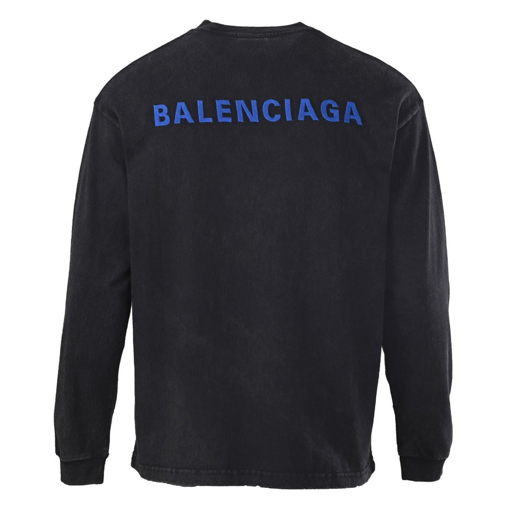 Balenciaga Black Vintage Washed Blue Embroidered Logo Long Sleeve Tee