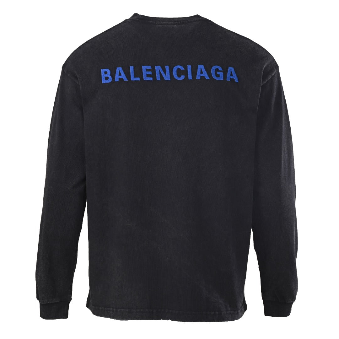 Balenciaga Black Vintage Washed Blue Embroidered Logo Long Sleeve Tee