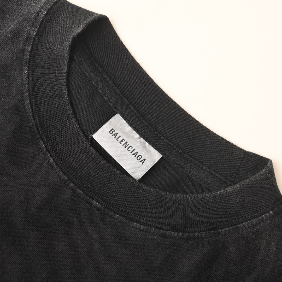Balenciaga Black Vintage Washed Blue Embroidered Logo Long Sleeve Tee