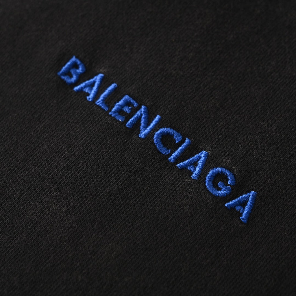 Balenciaga Black Vintage Washed Blue Embroidered Logo Long Sleeve Tee