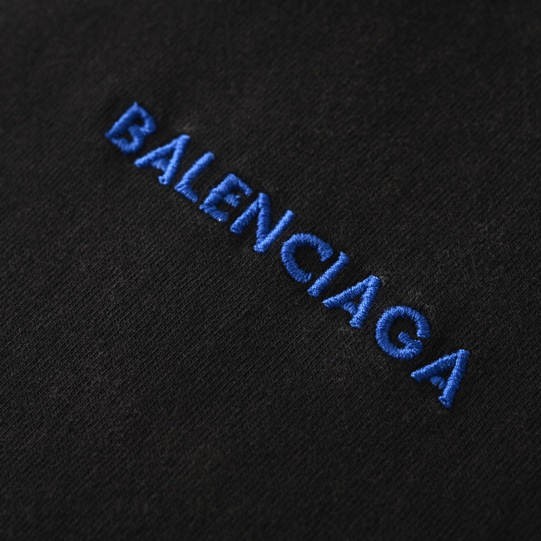 Balenciaga Black Vintage Washed Blue Embroidered Logo Long Sleeve Tee