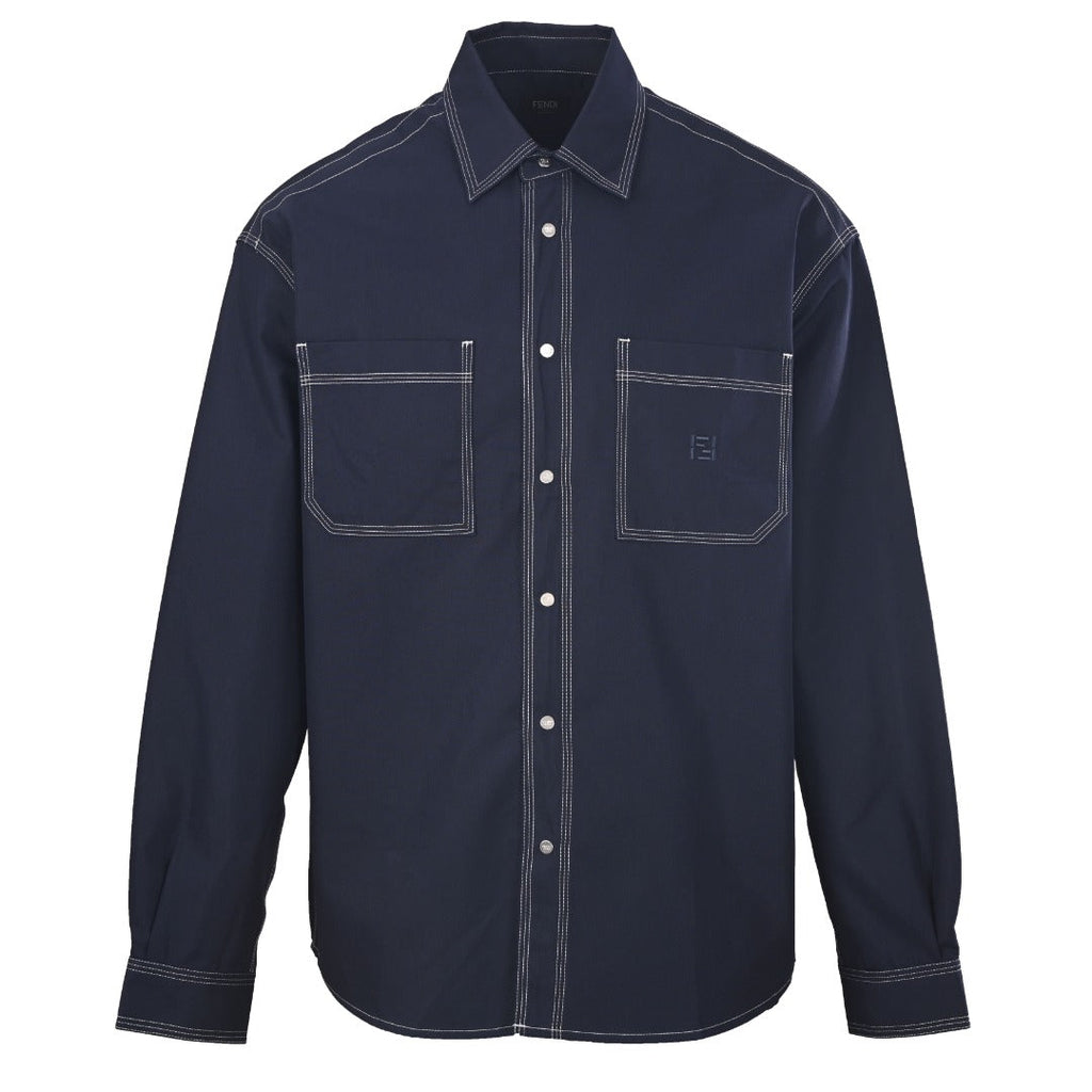 Fendi Navy FF Embroidered Contrast Stitch Long Sleeve Shirt