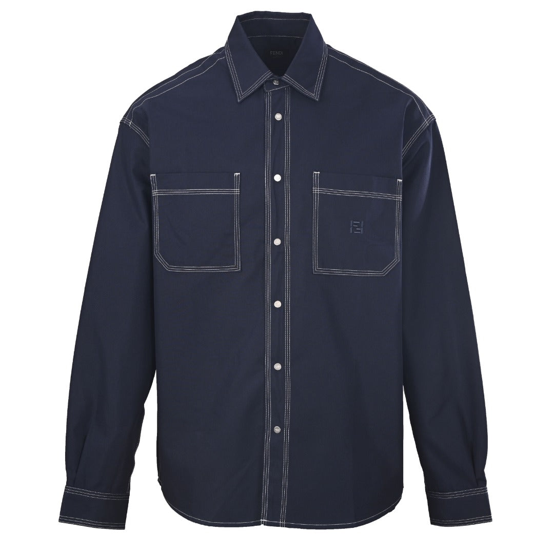 Fendi Navy FF Embroidered Contrast Stitch Long Sleeve Shirt