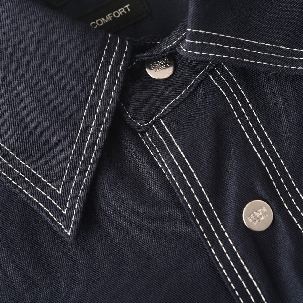 Fendi Navy FF Embroidered Contrast Stitch Long Sleeve Shirt