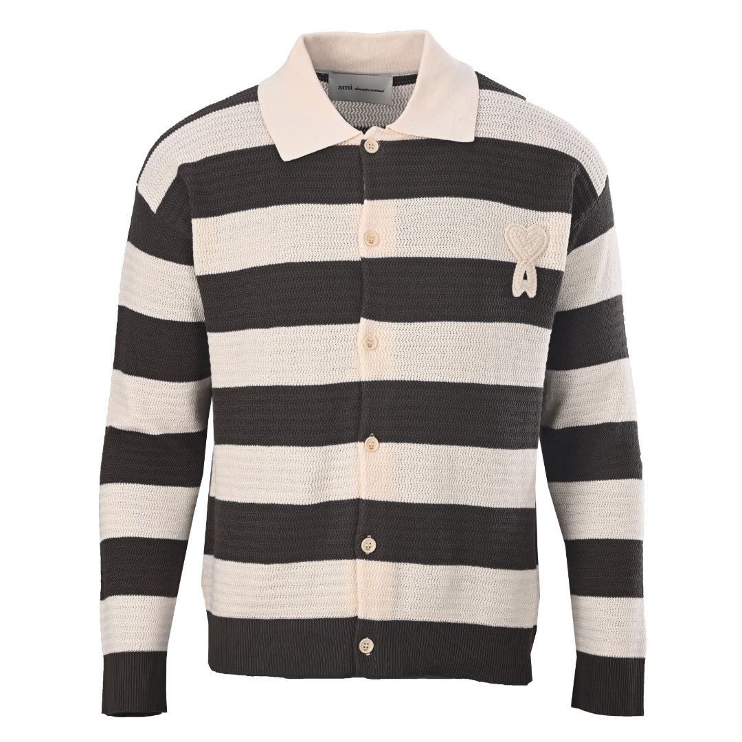 Ami Dark Beige Striped Heart Logo Knit Polo Cardigan