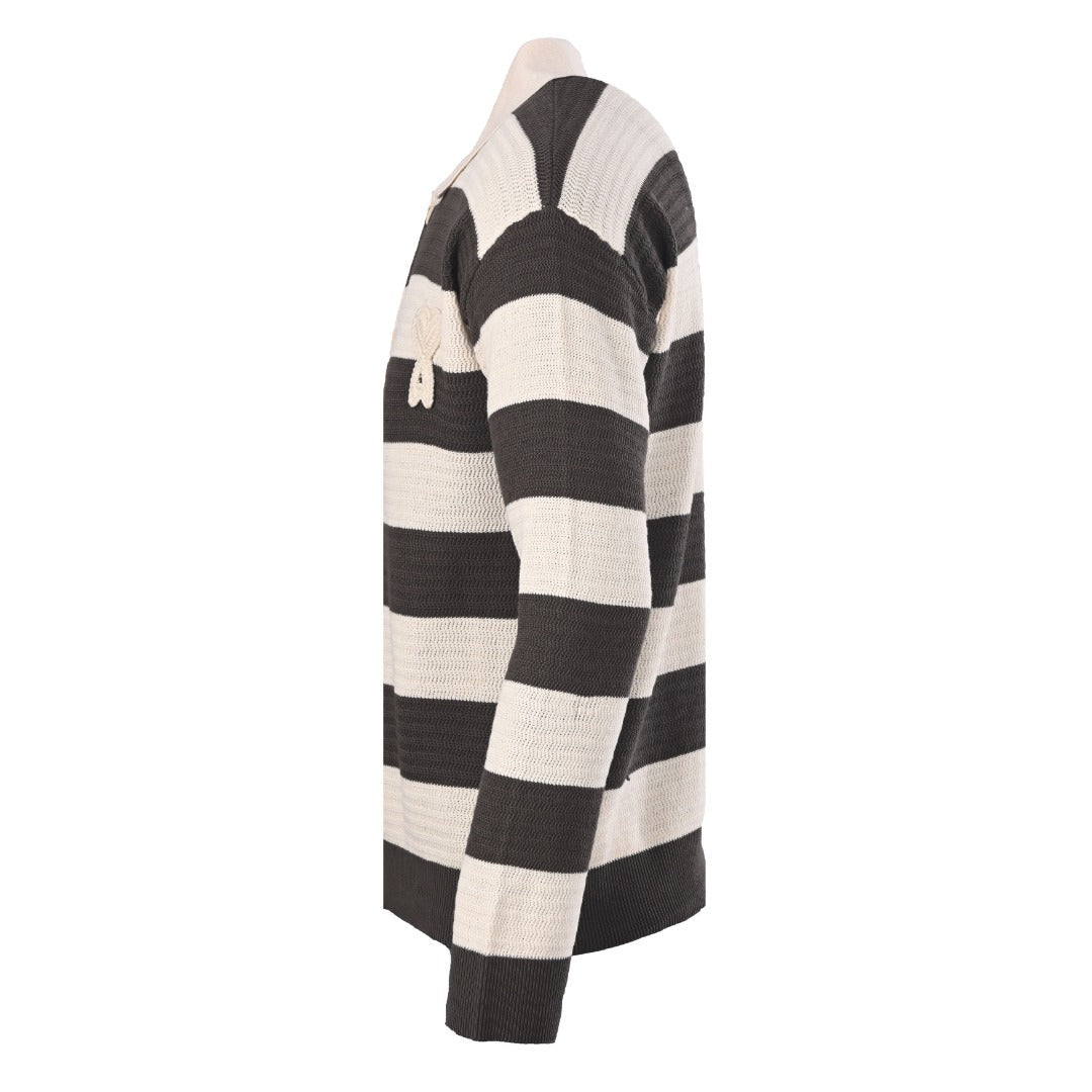 Ami Dark Beige Striped Heart Logo Knit Polo Cardigan