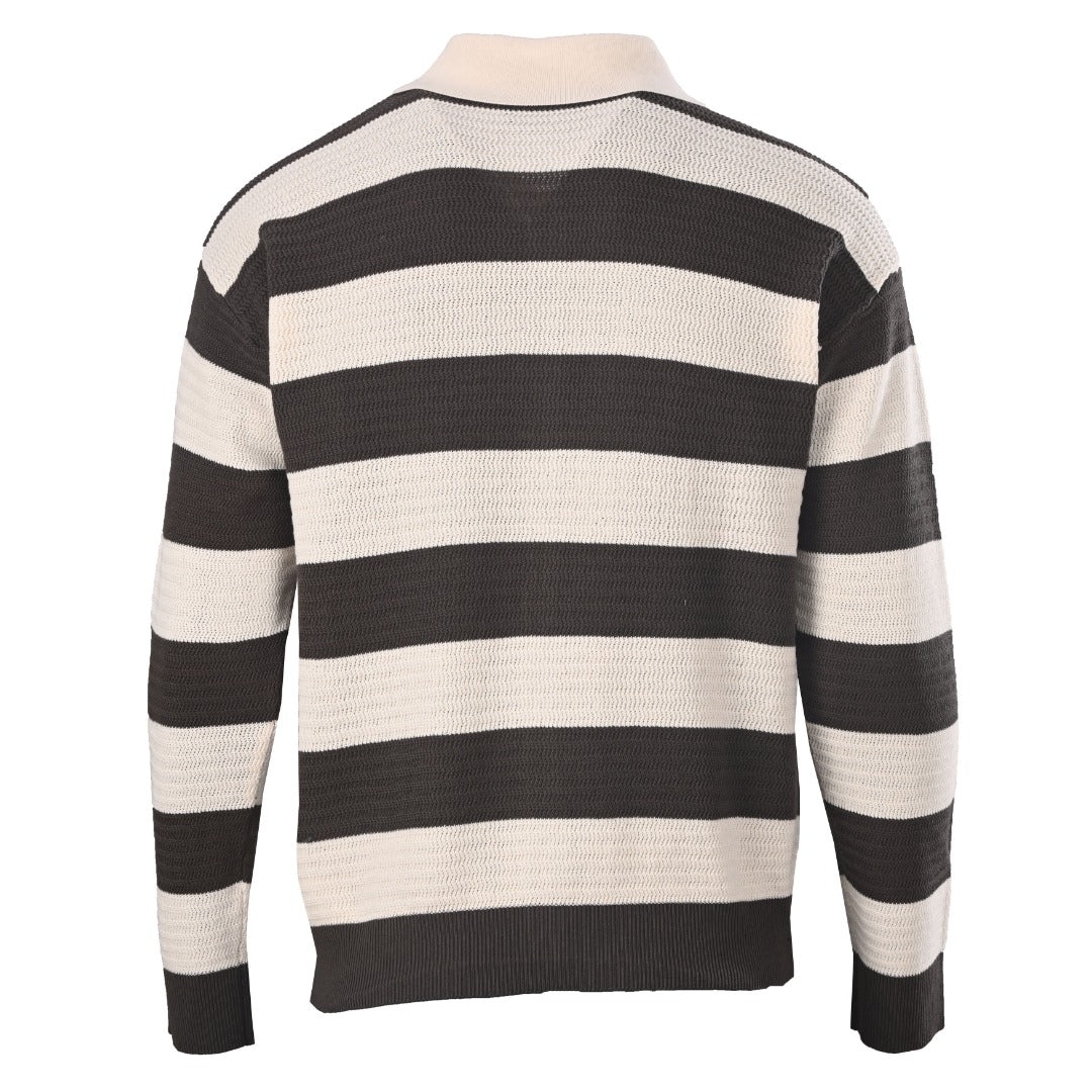 Ami Dark Beige Striped Heart Logo Knit Polo Cardigan