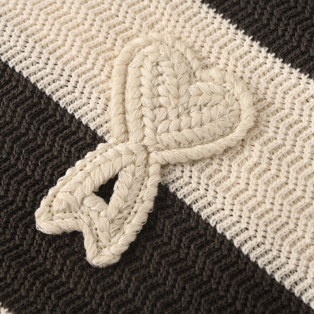 Ami Dark Beige Striped Heart Logo Knit Polo Cardigan