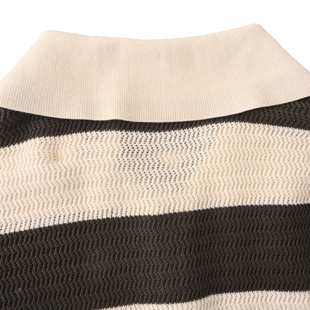 Ami Dark Beige Striped Heart Logo Knit Polo Cardigan