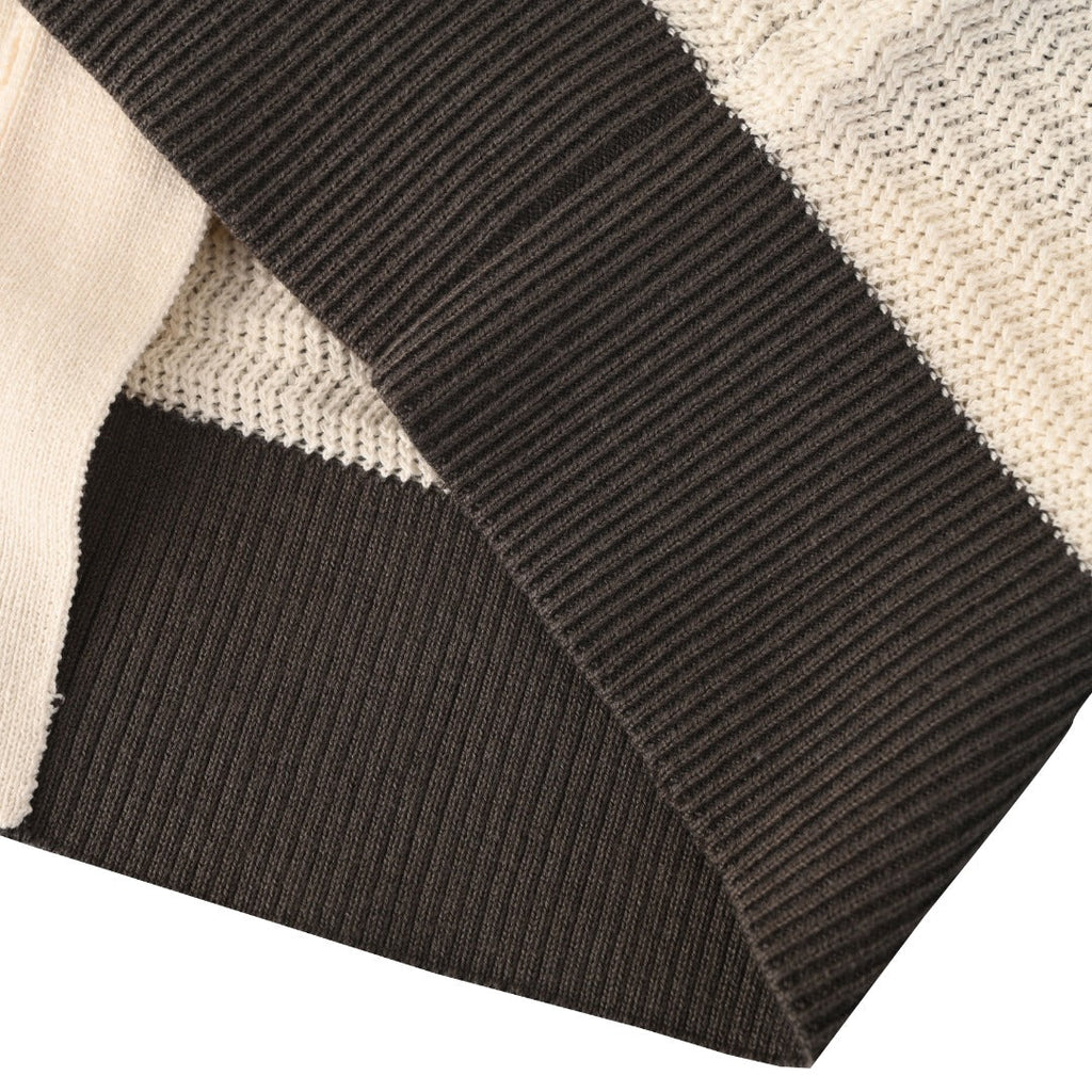 Ami Dark Beige Striped Heart Logo Knit Polo Cardigan