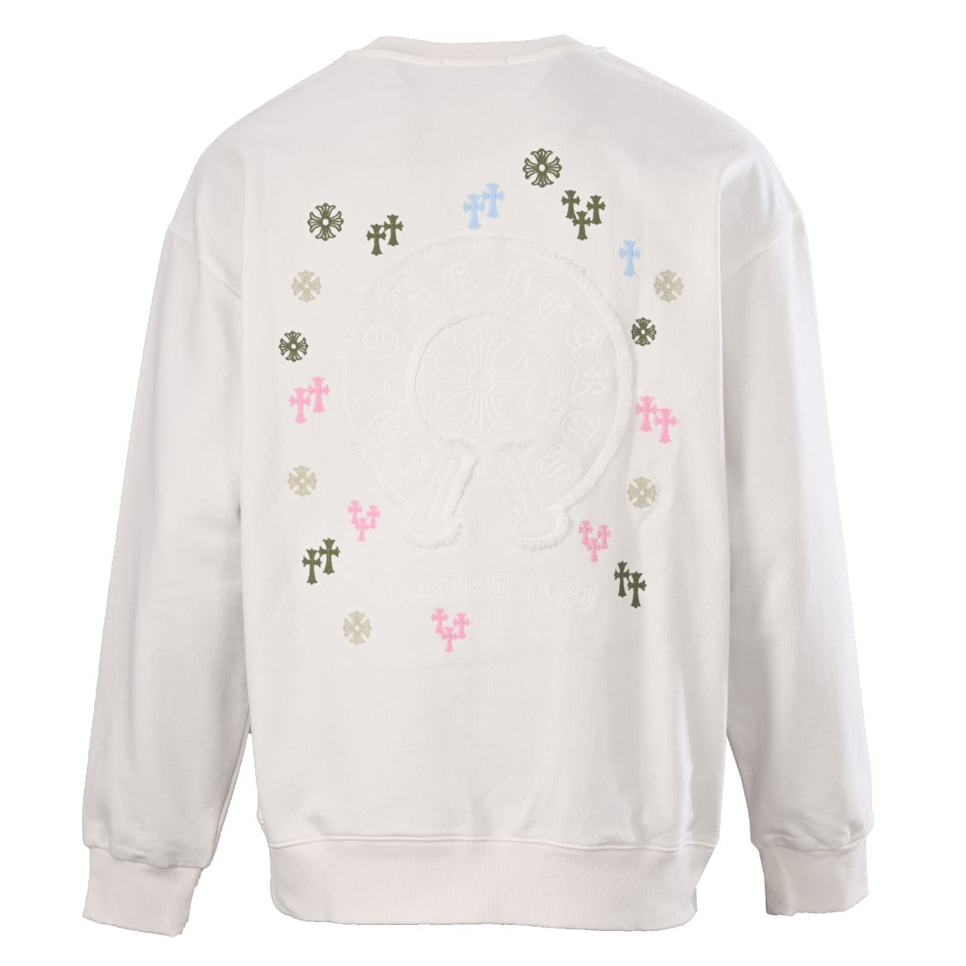 Chrome Hearts White Multicolor Cross Embroidered Horseshoe Crew Sweatshirt